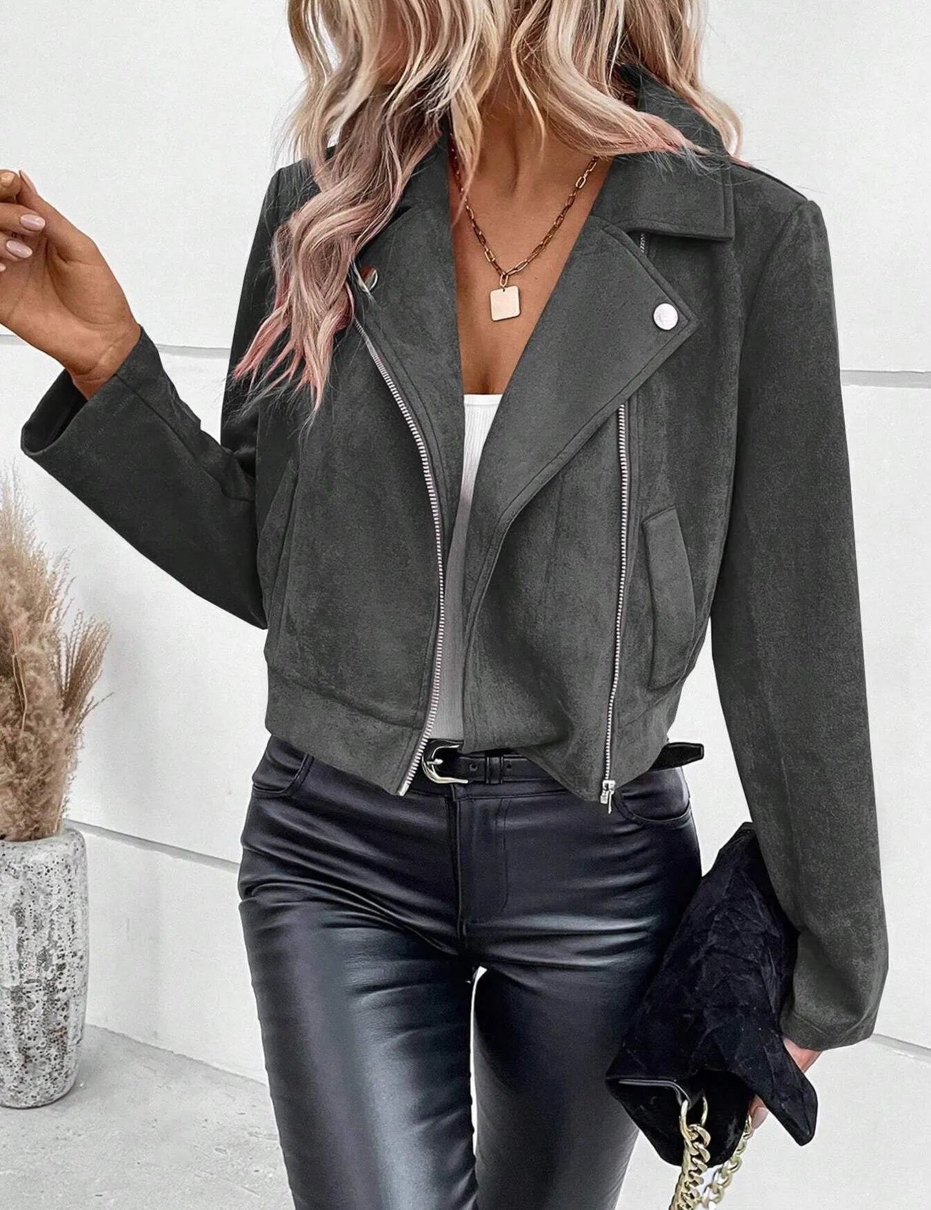 Zip Up Suede Cropped Moto Jacket | Jackets Daverri Fashions