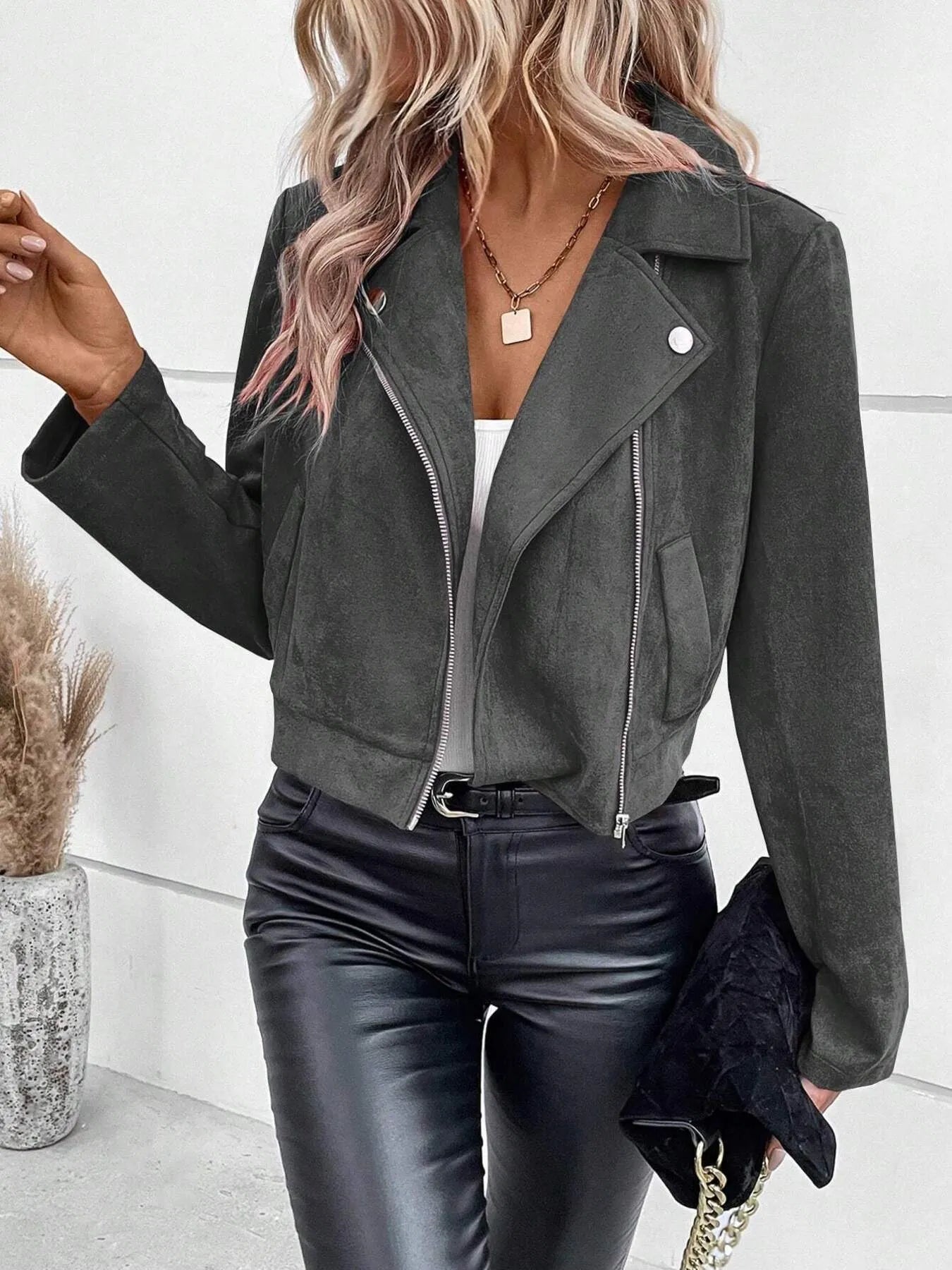 Zip Up Suede Cropped Moto Jacket | Jackets Daverri Fashions