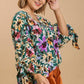 Umgee Full Size Floral V-Neck Tie Sleeve Blouse Plus Size Blouses
