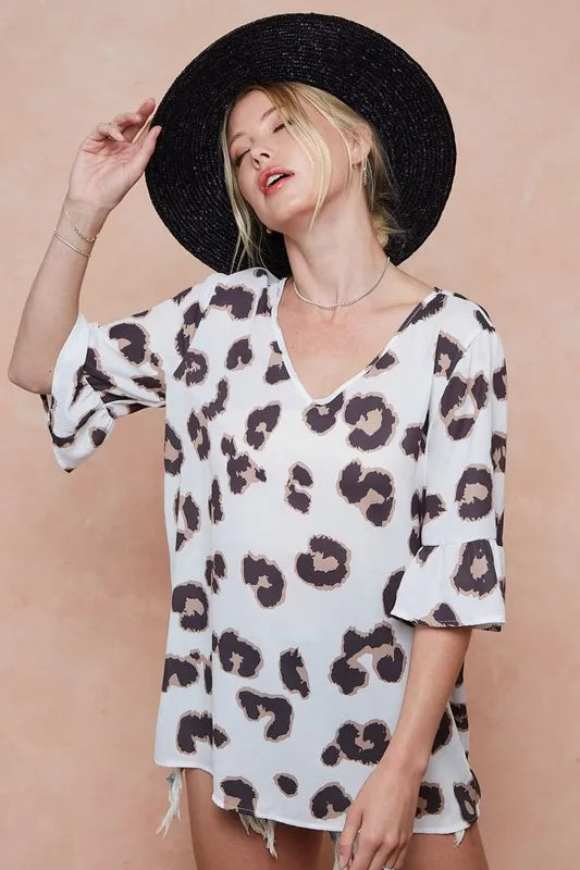 BiBi Leopard Printed V Neck Woven Top with Ruffled | Blouses Daverri Fashions