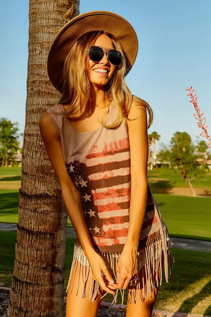 BiBi American Flag Print Knit Sleeveless Top Tank Tops