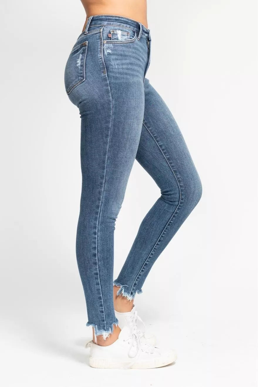 Judy Blue high waist skinny jeans with slim fit, destroy and shark bite frayed hem