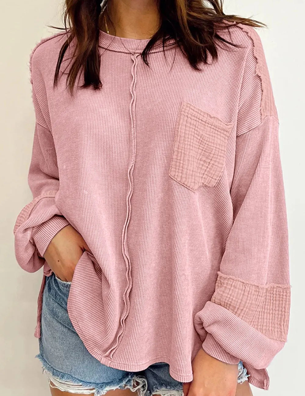 Dusty Pink Exposed Seam Round Neck Long Sleeve Sweatshirt | Daverri Fashions