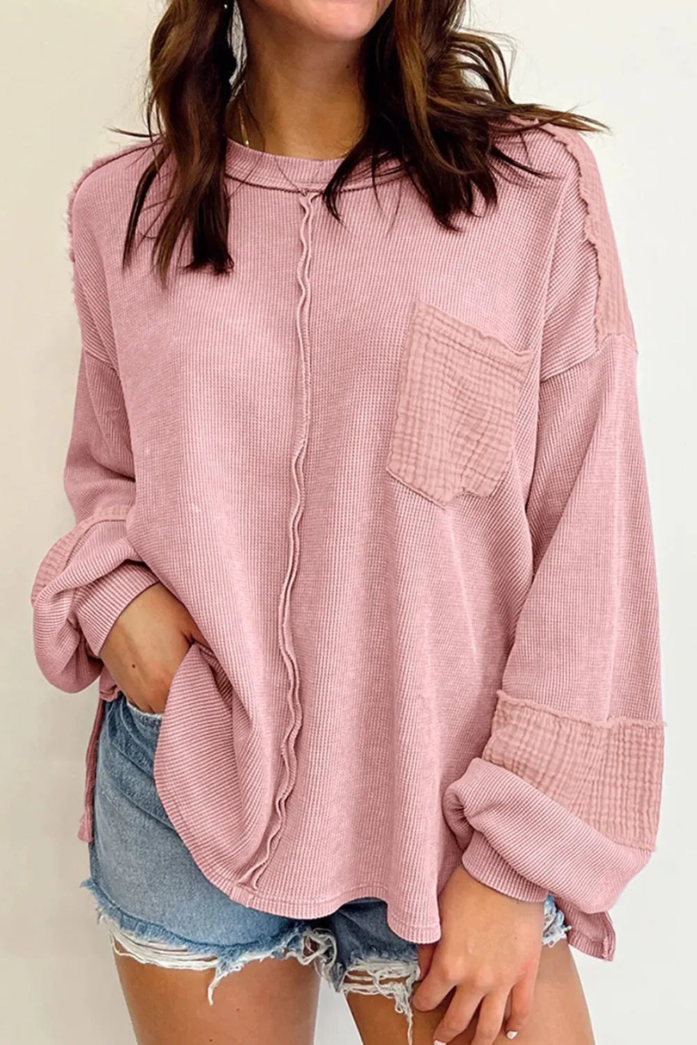 Dusty Pink Exposed Seam Round Neck Long Sleeve Sweatshirt | Daverri Fashions