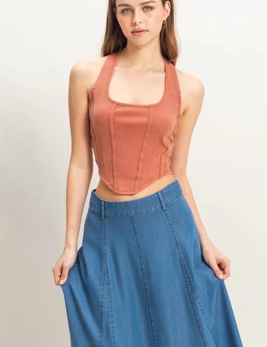 BRICK HYFVE Mineral Wash Halter Neck Everyday Top | Tops Daverri Fashions