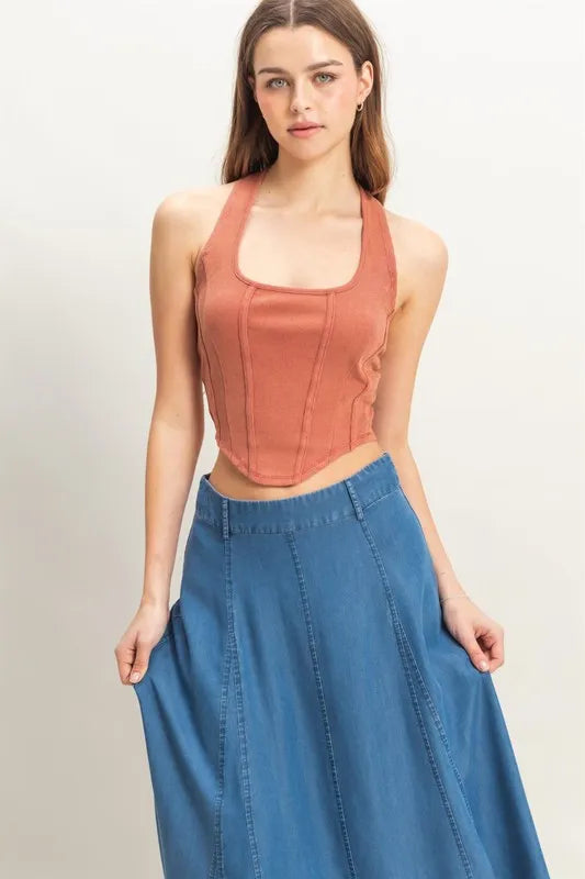 BRICK HYFVE Mineral Wash Halter Neck Everyday Top | Tops Daverri Fashions