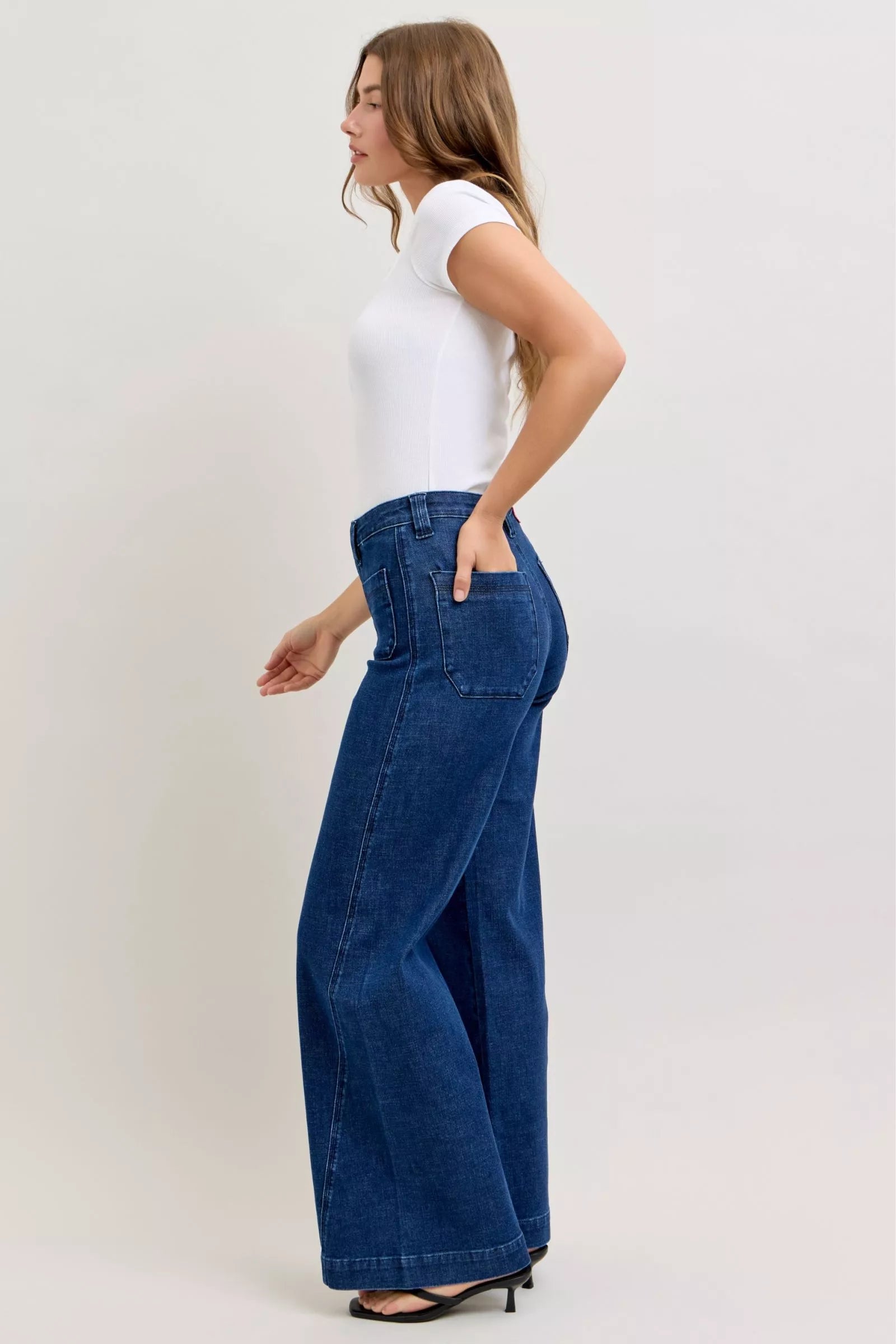 Judy Blue high-waisted retro wide-leg indigo denim jeans with patch pockets