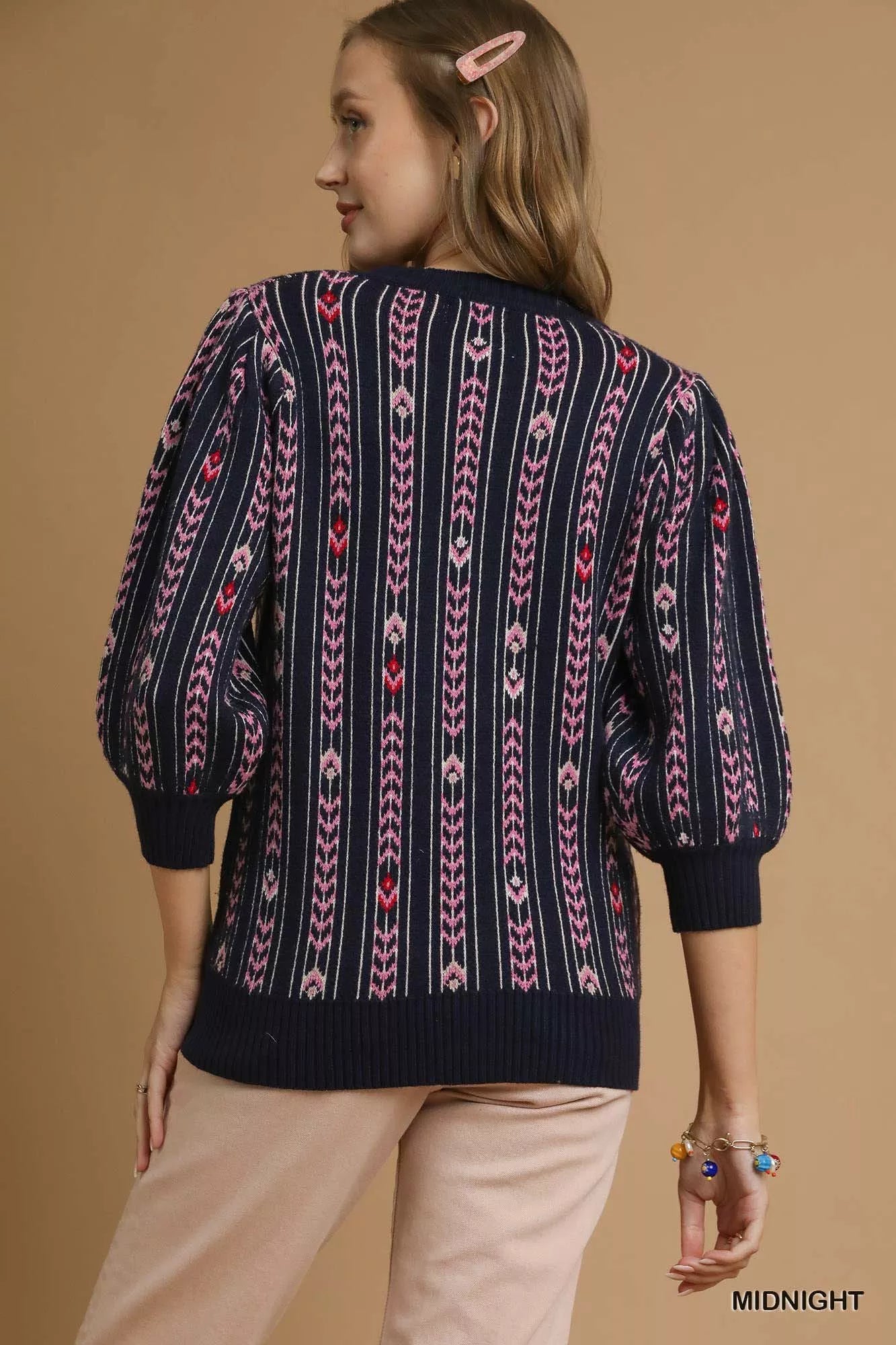 Umgee Jacquard Knit Puff Sleeve Sweater | Sweaters Daverri Fashions