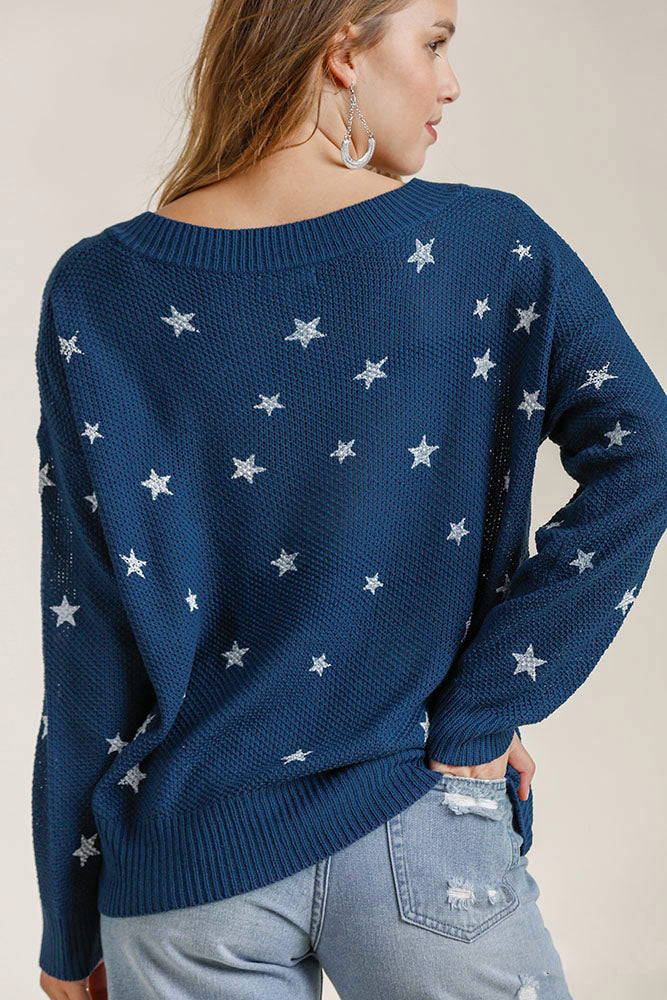 Umgee Full Size Star V-Neck Long Sleeve Sweater Sweaters