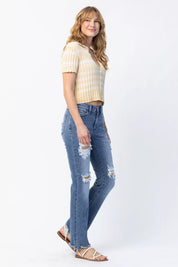 Judy Blue Full Size Mid Rise Destroy Straight Jeans Plus Size | Jeans Daverri Fashions