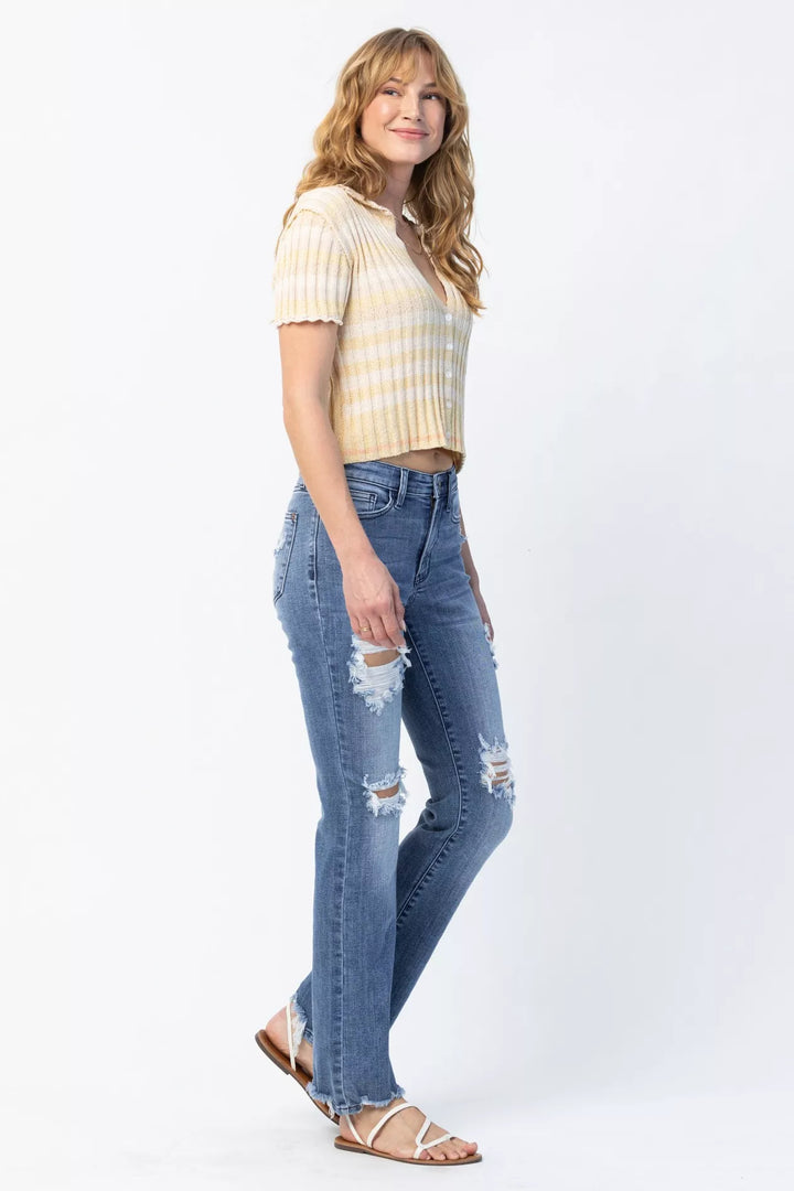 Judy Blue Full Size Mid Rise Destroy Straight Jeans Plus Size | Jeans Daverri Fashions