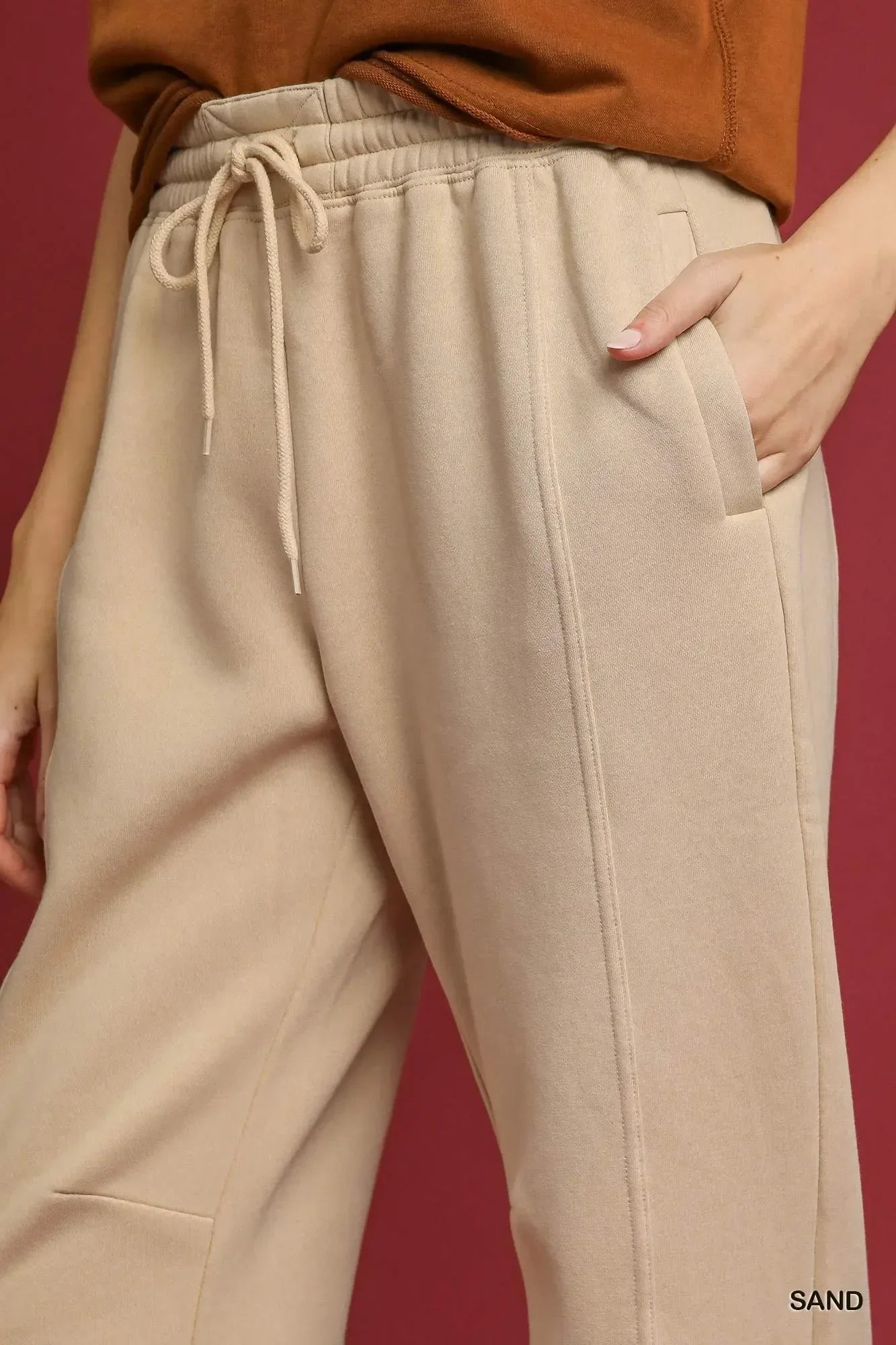 Umgee Fleece Jogger Pants with Drawstring Sand - DAVERRI FASHIONS