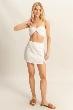 HYFVE Off White Ruched Bra Top and Mini Skirt Set - DAVERRI FASHIONS