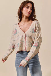BEIGE SO ME Floral Pattern Long Sleeve Button Sweater Cardigan | Cardigans Daverri Fashions
