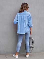 Distressed Drop Shoulder Denim Jacket | Denim Jackets Daverri Fashions