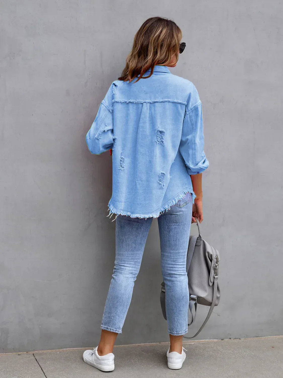 Distressed Drop Shoulder Denim Jacket - DAVERRI FASHIONS