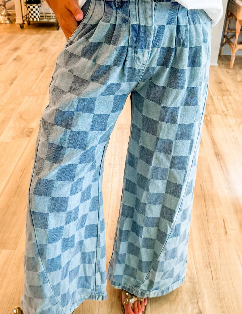 Dusty Blue Checkered Wide Leg Jeans with Pockets | Jeans Daverri Fashions