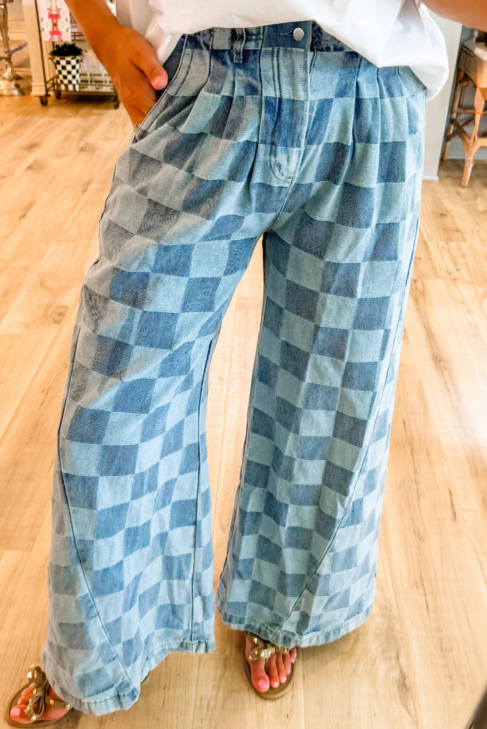 Dusty Blue Checkered Wide Leg Jeans with Pockets | Jeans Daverri Fashions