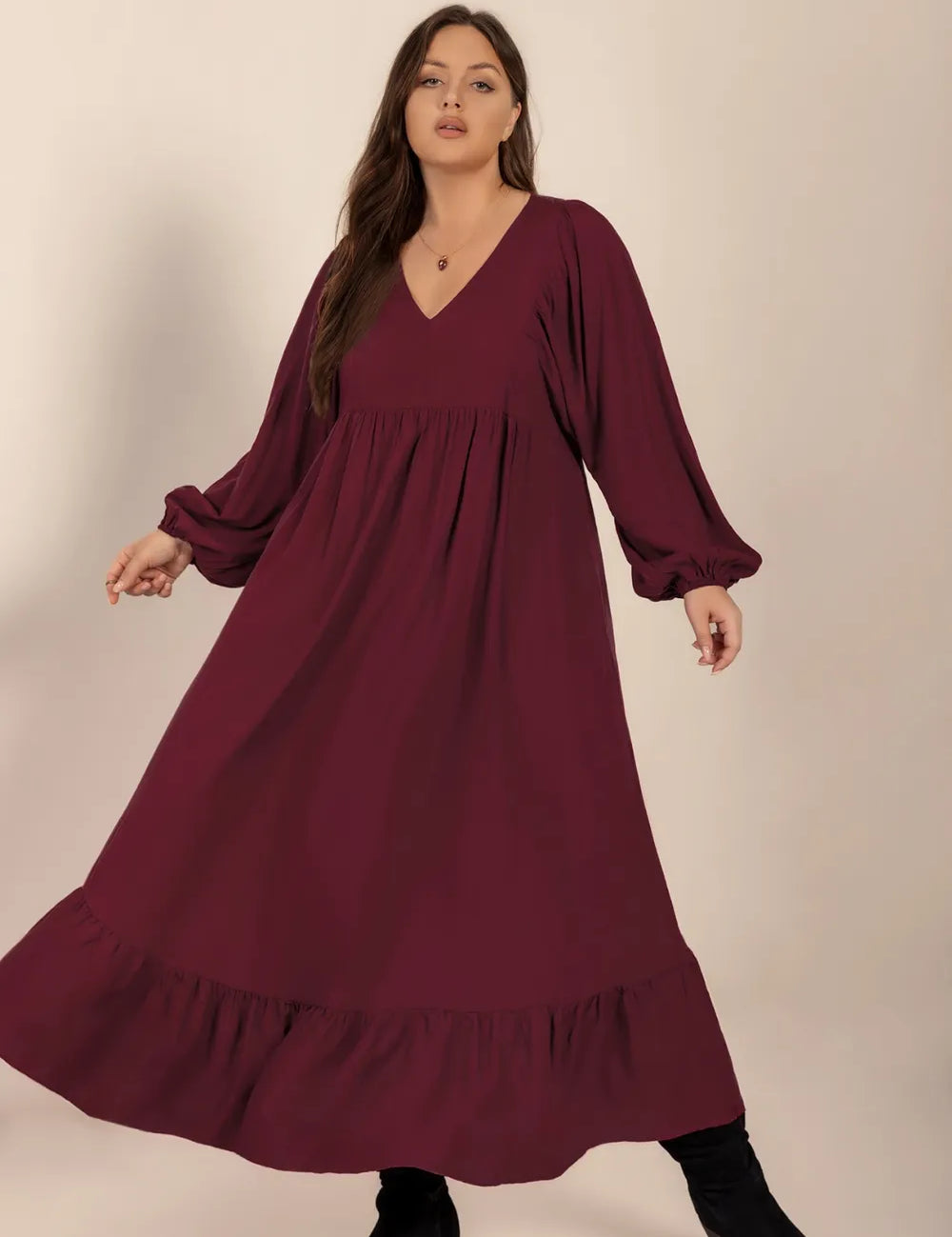 Plus Size Ruffled Hem V-Neck Balloon Sleeve Dress | Daverri Fashions