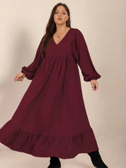 Plus Size Ruffled Hem V-Neck Balloon Sleeve Dress | Daverri Fashions