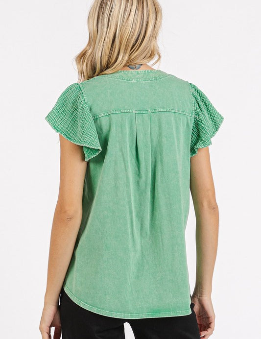 Mittoshop Mix Media Ruffle Short Sleeve Mineral Wash Top