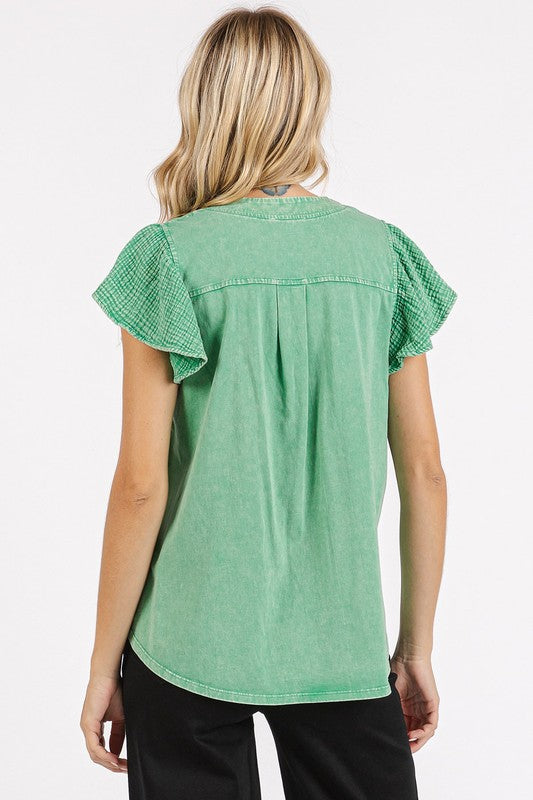 Mittoshop Mix Media Ruffle Short Sleeve Mineral Wash Top