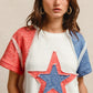 BiBi Fourth of July T-shirt with white body, denim patchwork sleeves, star embroidery