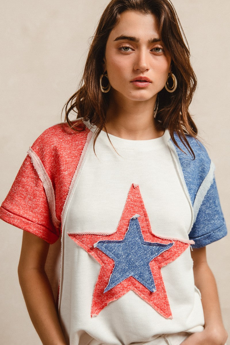 BiBi Fourth of July T-shirt with white body, denim patchwork sleeves, star embroidery