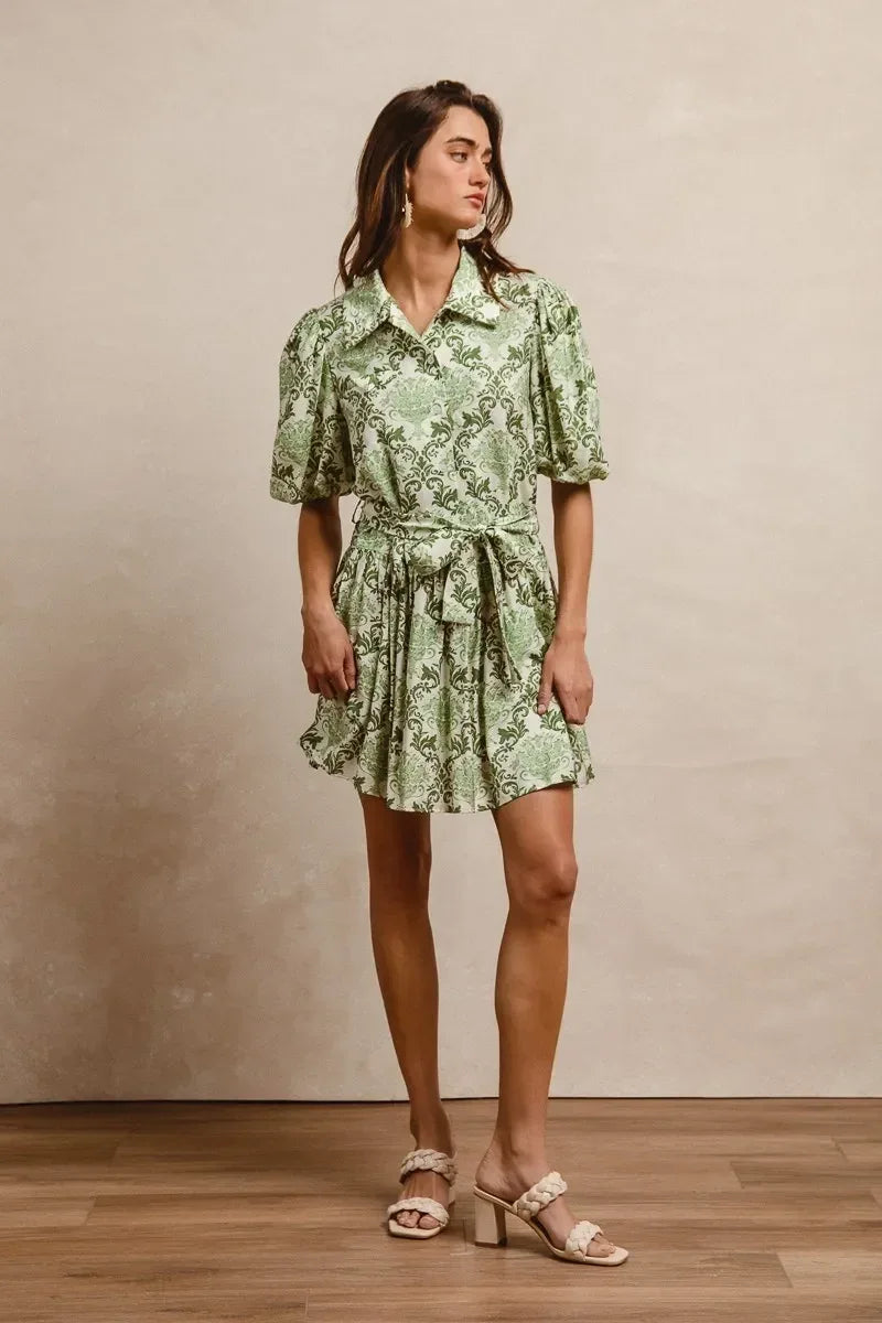 BiBi Tied Floral Short Sleeve Mini Shirt Dress - DAVERRI FASHIONS