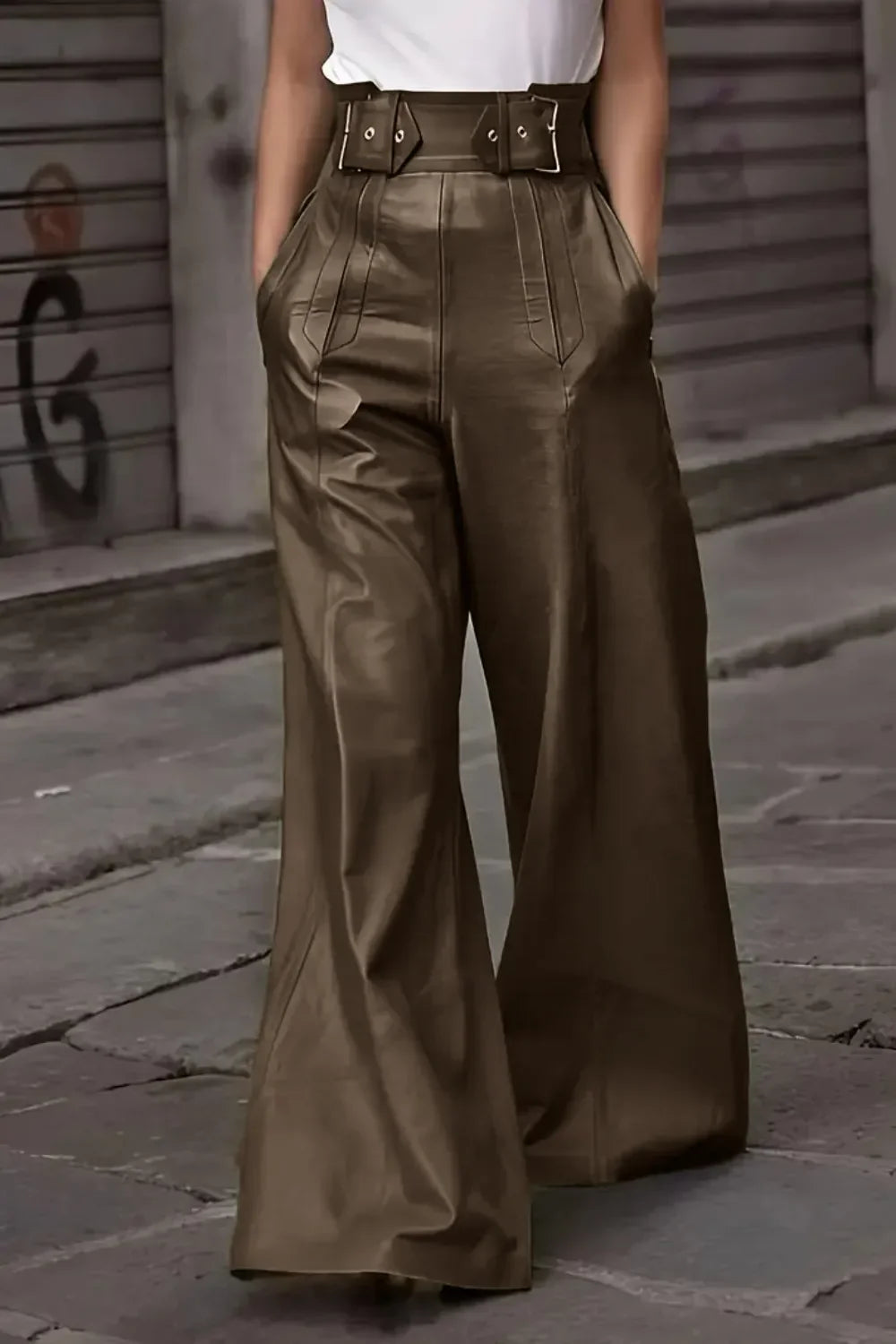 Daverri Fashions olive green faux leather high-waisted flared pants