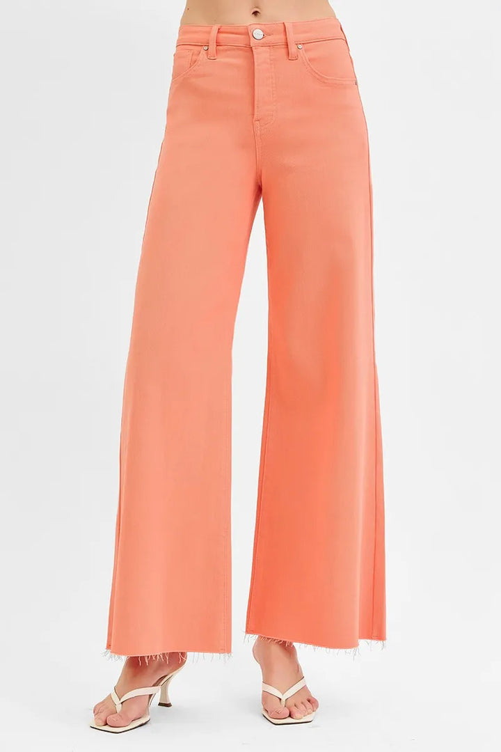 RISEN Full Size Tummy Control High Rise Wide Leg Palazzo Jeans CORAL PEACH Jeans