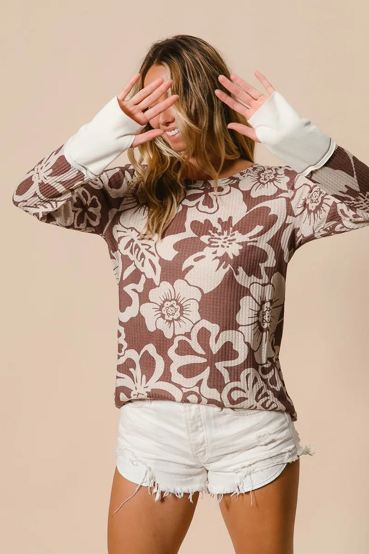 BiBi Flower Printed Waffle Thumb Opening Top Tops