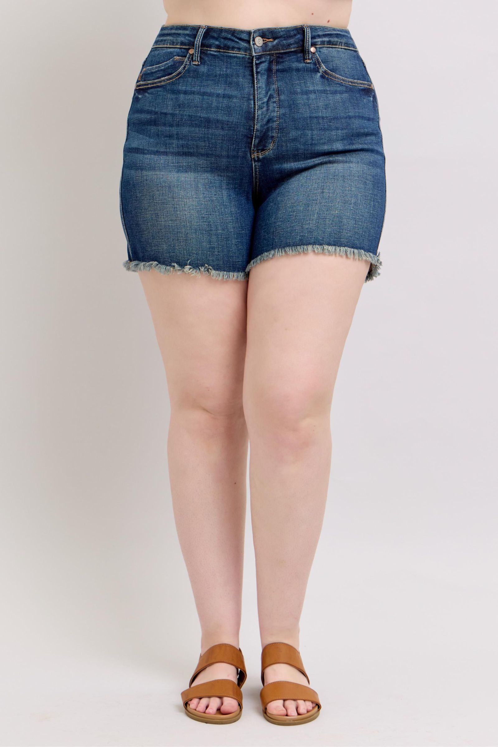 Judy Blue Tummy Control Fray Hem & Shield Back Pockets Denim Shorts