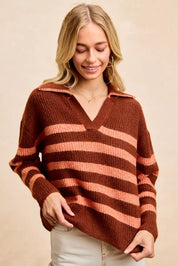 BRICK TERRACOTTA BiBi Striped Sweater Top with Collar Stitched Details | Sweaters Daverri Fashions