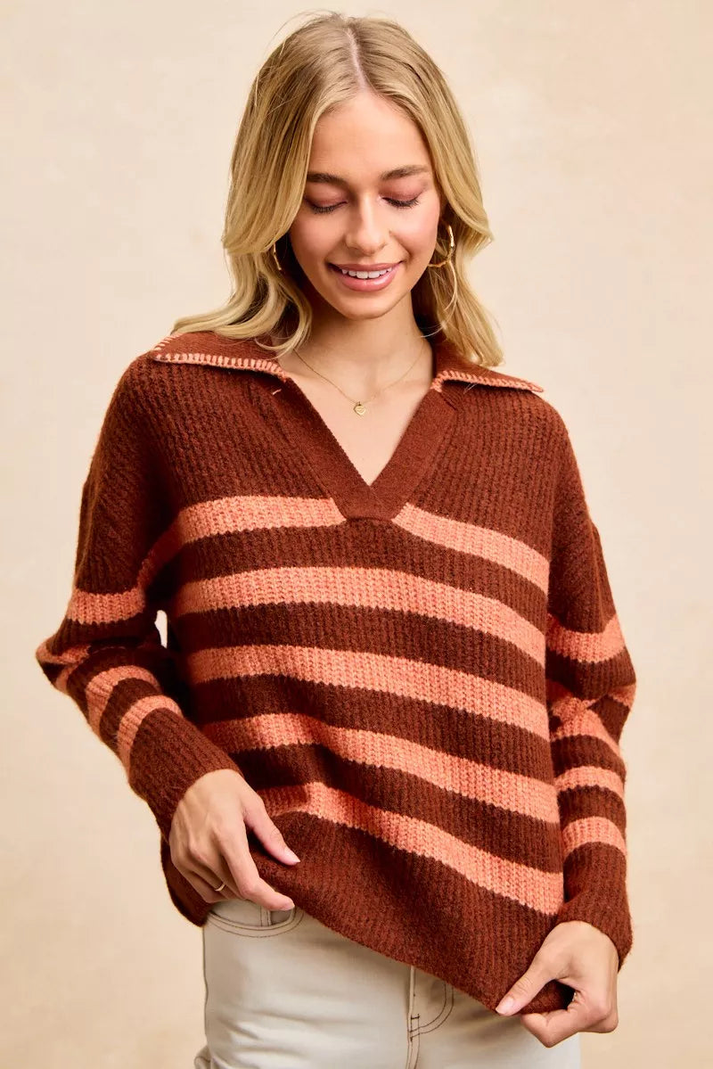 BRICK TERRACOTTA BiBi Striped Sweater Top with Collar Stitched Details | Sweaters Daverri Fashions