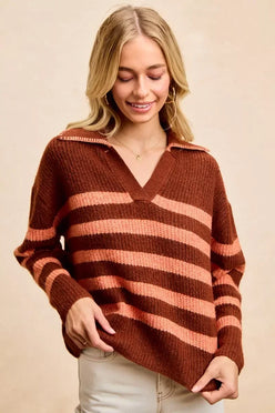 BiBi Striped Sweater Top with Collar Stitched Details - DAVERRI FASHIONS