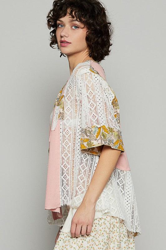 POL Vintage Washed Lace Patchwork Printed Half Button Top