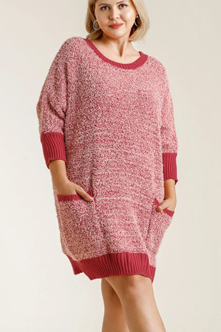Umgee Full Size Ribbed Hem Round Neck 3/4 Sleeve Sweater Dress with Pockets Plus Size | Daverri Fashions