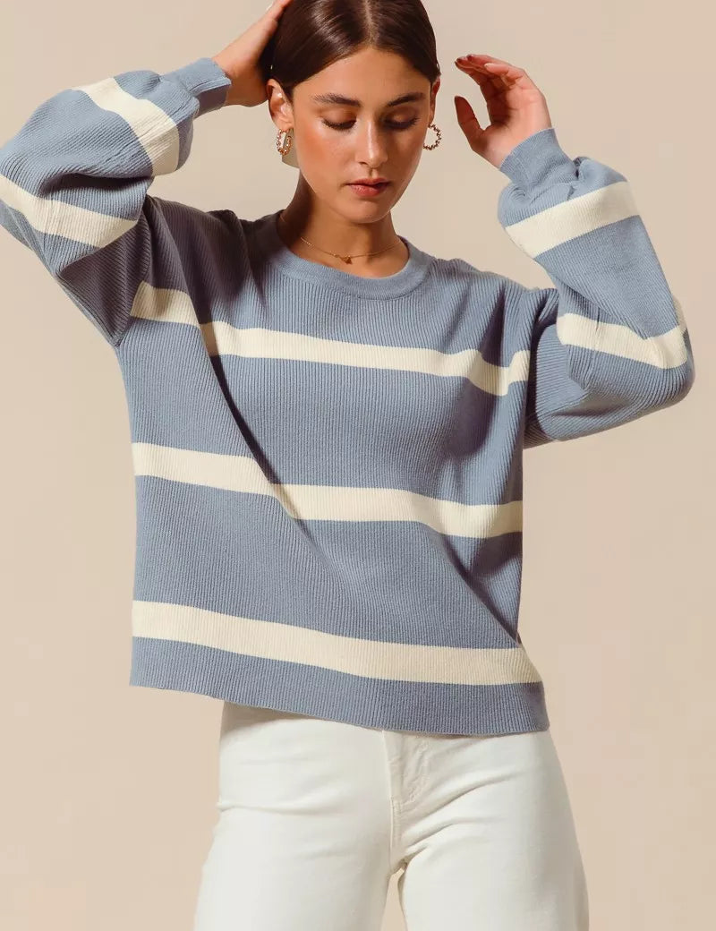SO ME Ribbed Striped Round Neck Sweater in blue and white cotton