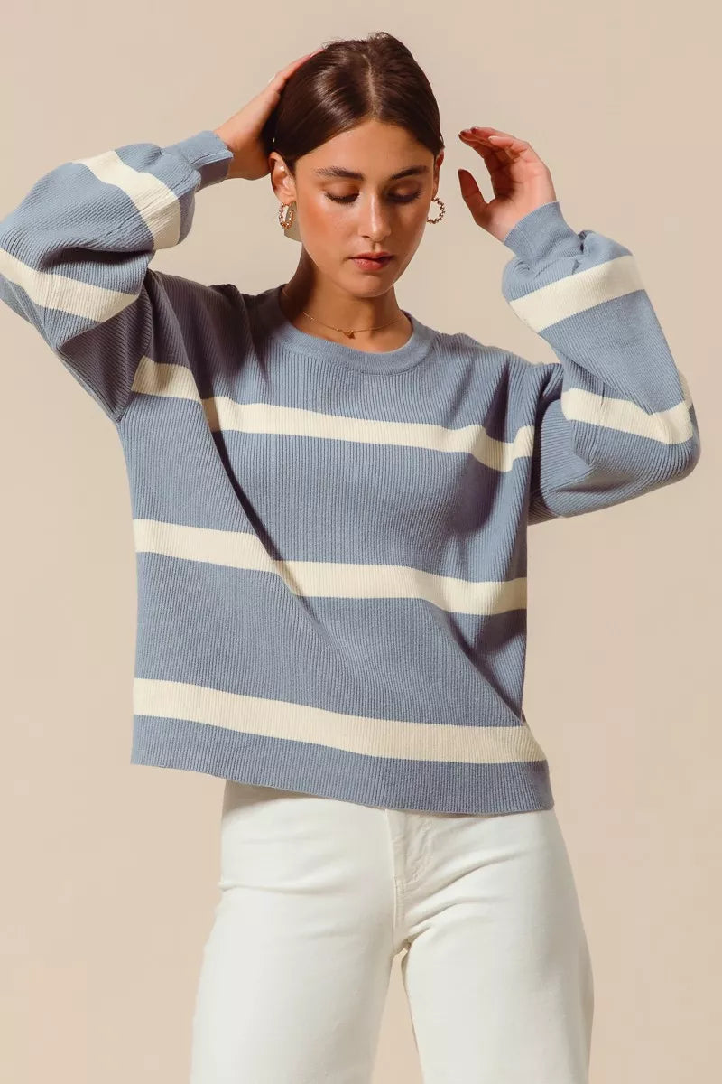 SO ME Ribbed Striped Round Neck Sweater in blue and white cotton