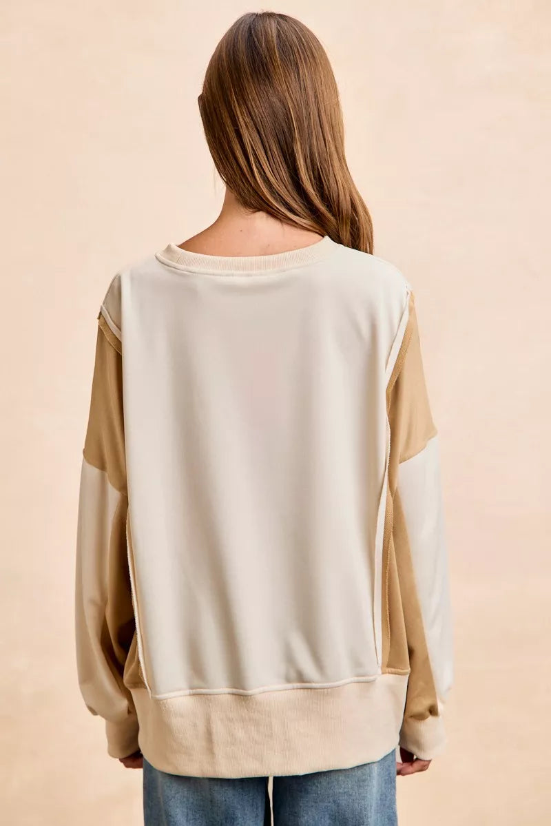 Cozy BiBi French terry color block top in cream with beige sleeves