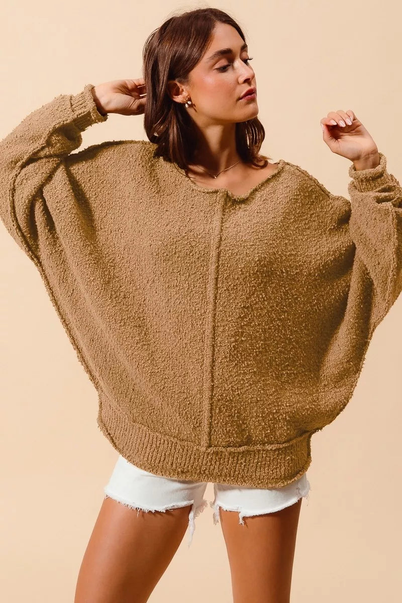 SO ME Loose Fit Exposed Seam Slouchy Boucle Sweater Taupe | Sweaters Daverri Fashions