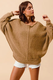 SO ME Loose Fit Exposed Seam Slouchy Boucle Sweater Taupe | Sweaters Daverri Fashions