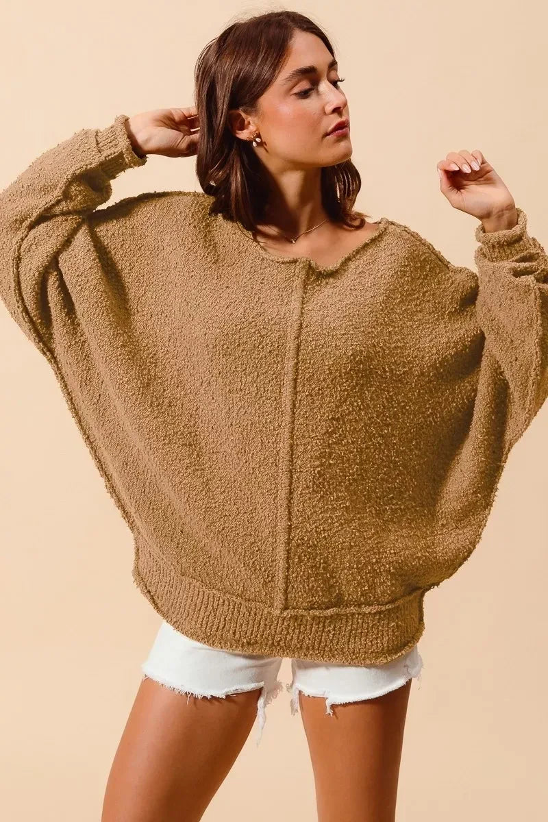 SO ME Loose Fit Exposed Seam Slouchy Boucle Sweater Taupe - DAVERRI FASHIONS
