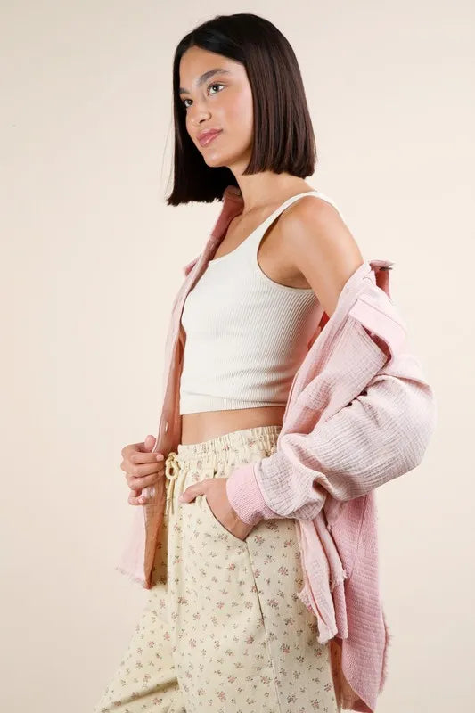 VERY J Mineral Washed Oversized Gauze Shacket Shackets