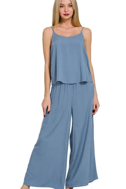 Zenana Dusty Blue Woven Cami & Pants Set - DAVERRI FASHIONS