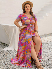 Plus Size Printed V-Neck Short Sleeve Maxi Dress | Maxi Dresses Daverri Fashions