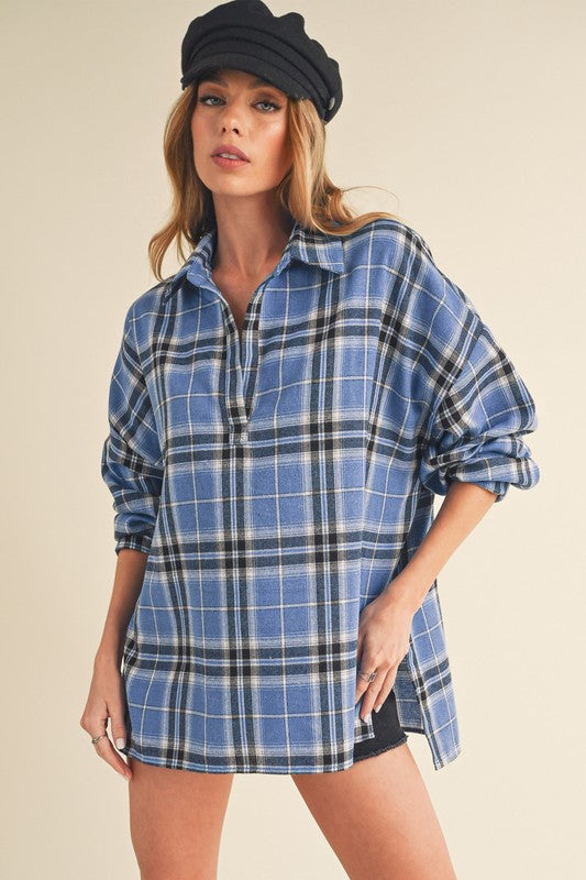 Aemi + Co Side Slit High-Low Plaid Long Sleeve Polo Shirt Shirts