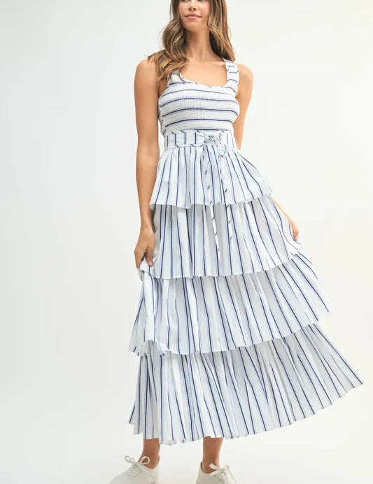 Off White S MABLE Pin Stripe Smocked Bodice Layered Midi Dress | Daverri Fashions