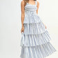 MABLE Pin Stripe Smocked Bodice Layered Midi Dress Off White S